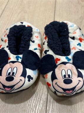 Disney Cream Mickey Mouse Plush Slip-On Kids Footies with Navy Ears